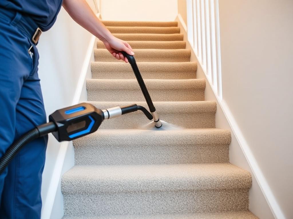 Carpet cleaning technician cleaning stair carpets