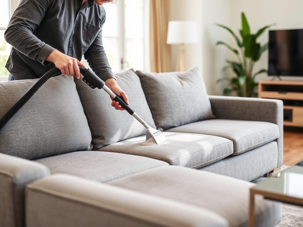 Professional upholstery cleaning of a gray sofa